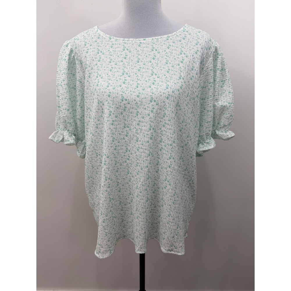 Dokotoo Womens XL Mint Green White Floral Textured Puff Sleeve Blouse NWT
